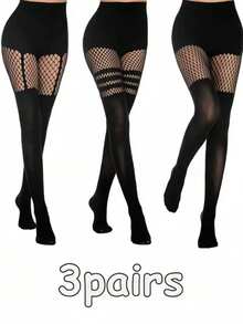 3 Pairs Dance Sexy Hollow Out Pantyhose Hollow Out Suspender Dense Mesh Stockings Nightclub Queen Black Silk Sexy Fishnet Stockings - Multicolor - View 5