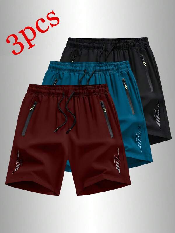 3pcs/Pack Men's Sports Casual Loose Quick-Dry Shorts, Reflective Strip Design, With Pockets, Suitable For Running And Outdoor Activities