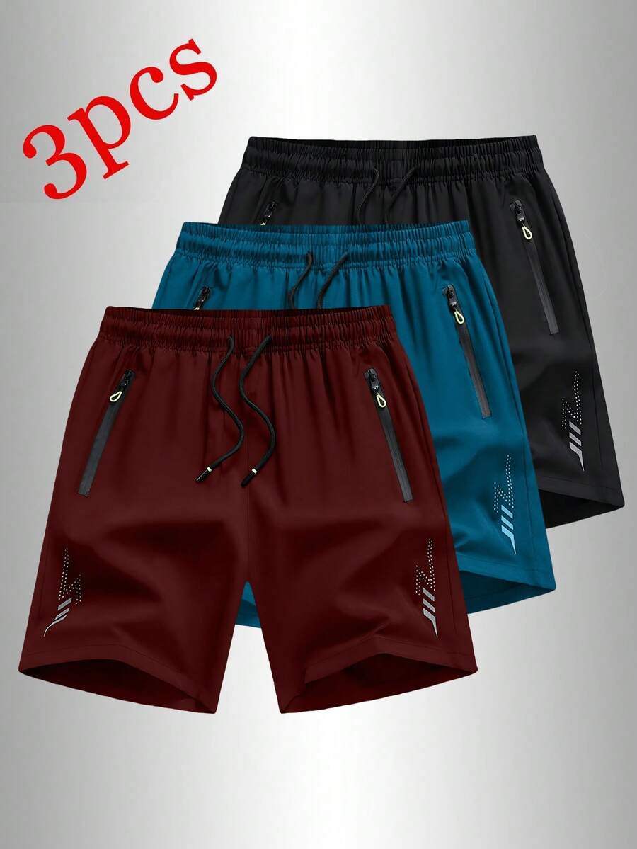 3pcs/Pack Men's Sports Casual Loose Quick-Dry Shorts, Reflective Strip Design, With Pockets, Suitable For Running And Outdoor Activities