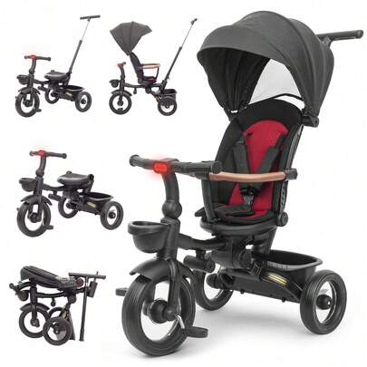 UBRAVOO Baby Tricycle,7 In 1 Foldable Trike For Kids Age 10M+ To 5 Years,Headlights.1-Step Brake Folding Pedal, Extended Canopy, Detachable Guardrail