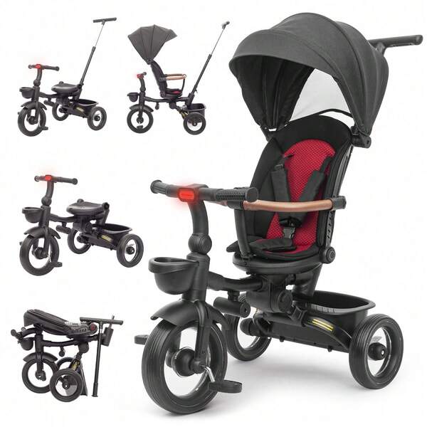  UBRAVOO Baby Tricycle,7 In 1 Foldable Trike For Kids Age 10M+ To 5 Years,Headlights.1-Step Brake Folding Pedal, Extended Canopy, Detachable Guardrail