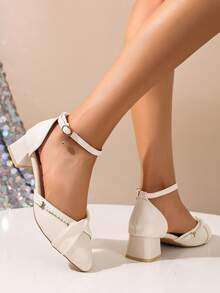 女士米色高跟凉鞋，时尚珍珠装饰优雅粗跟闭趾露跟凉鞋，尖头单带镂空凉鞋，米色高跟凉鞋，适合搭配连衣裙、旗袍、舞蹈服 - 米色 - 查看 7