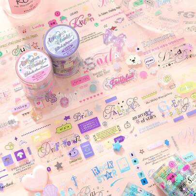 1 Cuộn băng keo PET, Bộ sưu tập "Những lời thì thầm trong mây", hình minh họa vẽ tay tông màu muối với chữ tiếng Anh và tiếng Hàn, băng keo đa năng sáng tạo phù hợp cho sổ lưu niệm, sổ tay, album, máy tính bảng, điện thoại, hành lý, trang trí văn phòng phẩm, vật dụng thiết yếu cho mùa tựu trường.