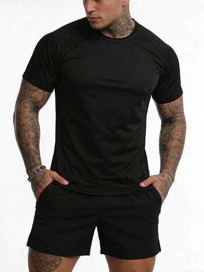 男士速干黑色运动T恤，圆领短袖，吸湿排汗健身休闲上衣