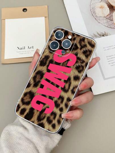 Minimalist High Transparency Phone Soft Case, UV Printed Leopard Print & Letter Pattern, TPU Protective Cover Compatible With Iphone 16 Pro Max, Galaxy S25 Ultra, 14C, Moto E22, Pixel 6a 5G