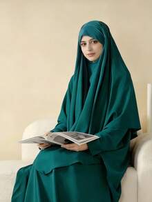 两件套穆斯林女性祈祷服套装，长袖宽松长袍，祈祷头巾，适合节日穿着 - 彩色 - 查看 1