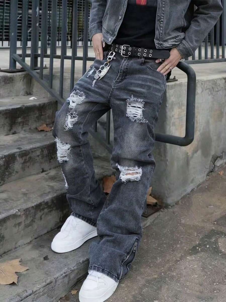 Men's Flare Jeans - Flared Stretch Denim Jeans, Casual Comfortable Distressed Stretch Jeans, Gothic Style Suitable Zipper Hem Jeans, Y2K Grey Skinny Stretch Fashion Jeans - Grey - View 1