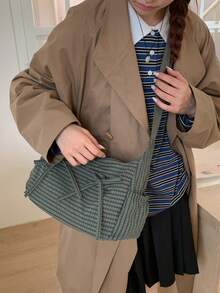 Nuevo Bolso de Hombro Plisado con Cordón y Diseño a Cuadros, Bolso Bandolera para Mujer - Verde - Ver 7
