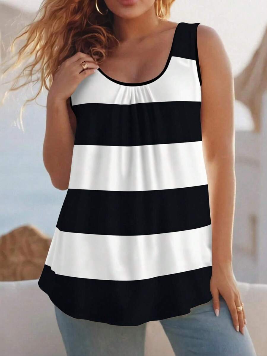 Plus Size Women's Elegant Sleeveless Patchwork Color Tank Top, Front Pleated Workmanship Top Vest, Suitable For Spring, Summer, Autumn Casual - Black and White - View 1