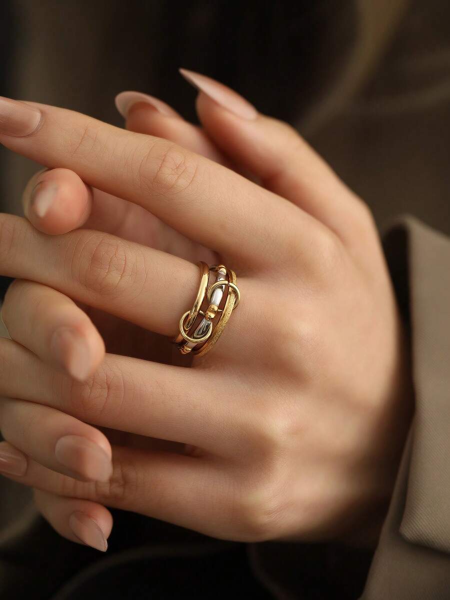 Anillo apilable multicapa de acero inoxidable, diseño versátil con elegante estilo INS de incrustaciones de rhinestone - Oro 10 - Ver 1