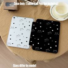 纯黑背景上，简洁可爱的白色猫咪轮廓，搭配小鱼、粉色波点和螺旋线条，柔和、可爱又俏皮，充满治愈感和童趣，宛如一只躲在夜色中的小猫。三折亚克力透明保护套，带笔槽，高清透明，防震耐用。 - 彩色 - 查看 1