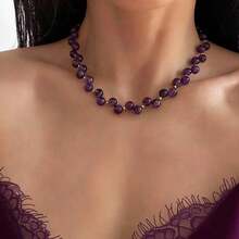 1pc Elegant Purple Crystal Necklace: Handmade Woven Purple Crystal Necklace, Purple Gemstone Necklace, February Birthstone, Refined Daily Necklace - Purple - View 2