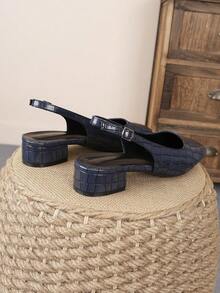 2026 女士格纹压花蓝色方头无后跟套脚鞋，3厘米低方跟单带百搭通勤时尚鞋 - 藍色 - 查看 6