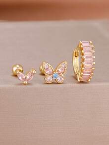 3 件套可爱 18K 镀金不锈钢蝴蝶耳钉套装，女士粉色锆石耳骨穿孔耳环，适合女孩日常佩戴，可作礼物 - 1-Gold-3pcs - 查看 1