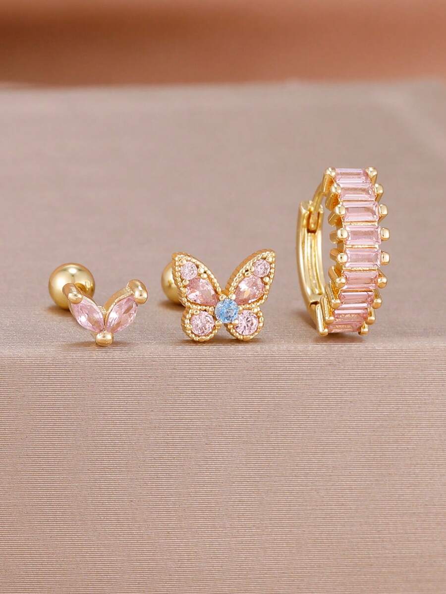 3 件套可爱 18K 镀金不锈钢蝴蝶耳钉套装，女士粉色锆石耳骨穿孔耳环，适合女孩日常佩戴，可作礼物 - 1-Gold-3pcs - 查看 1