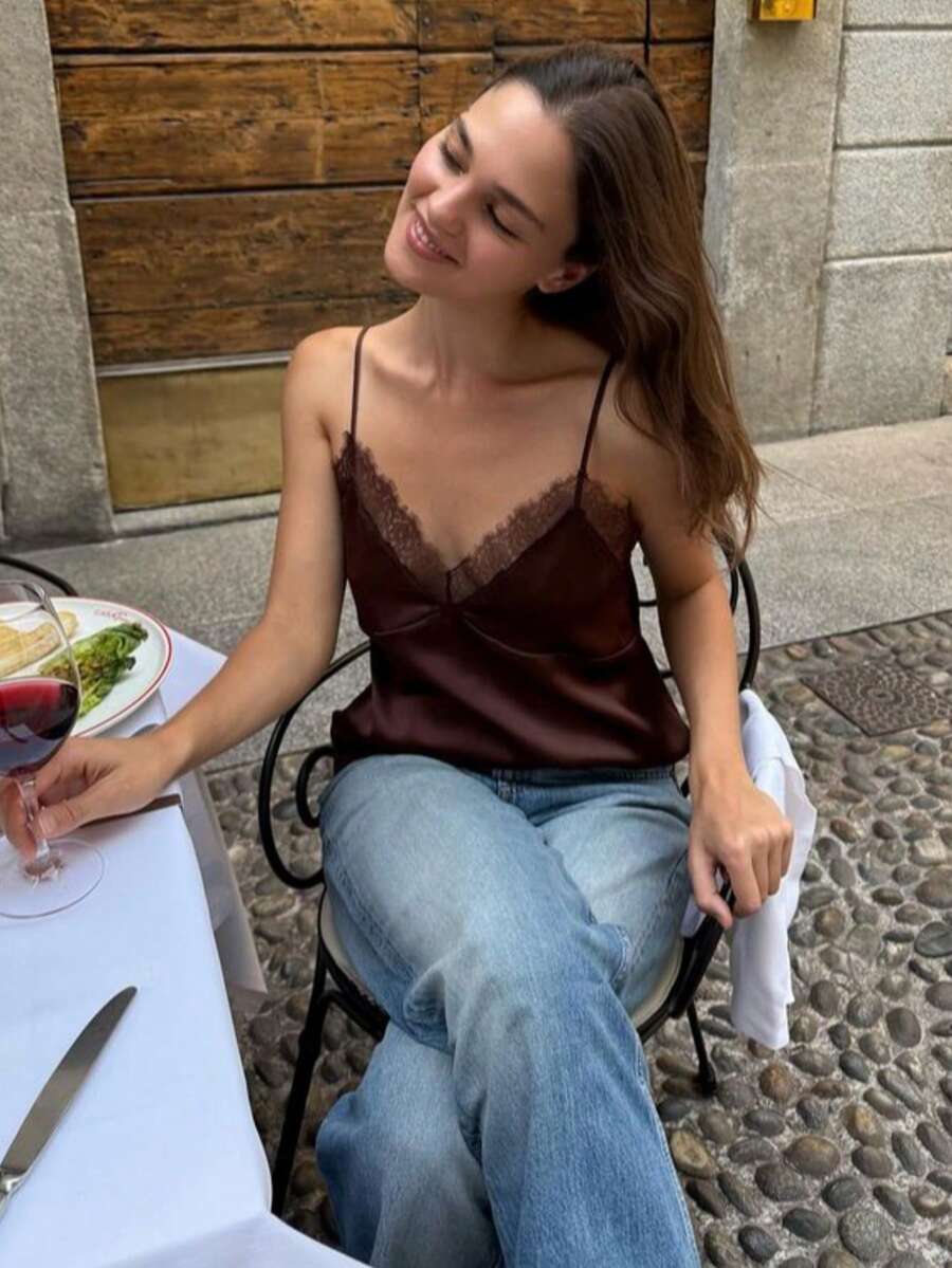 DEEKA Summer New Women's Fashion Sexy Lace Trim Satin Camisole Tank Top - Brown - View 1