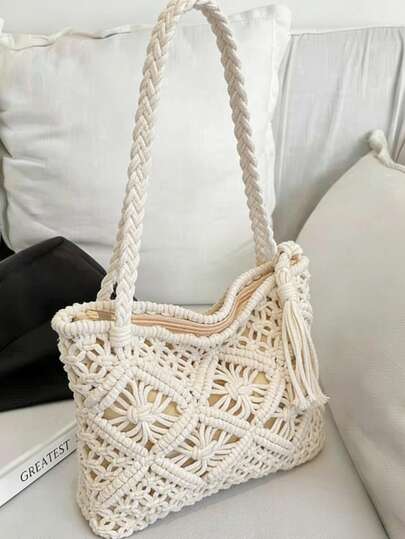 1pc Solid Color Boho Style Woven Shoulder Crossbody Bag, Fashionable Woven Small Square Bag, Suitable For Beach Vacation, Street Shopping, Perfect For Beach Vacation, Travel And Holiday, Eye-Catching Summer Beach Bag, Boho Style Women Outfit