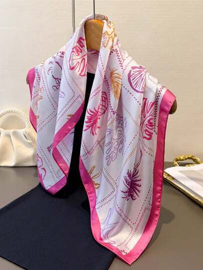 1pc Vintage Ocean Elements Starfish & Shell Lightweight Scarf, Women's Silk-Like Headscarf, Suitable For Beach, Street, Daily Wear, Vacation, Decorative Ribbon