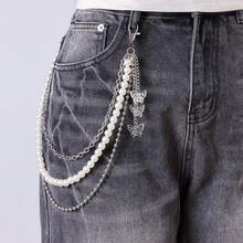 1pc Multi-Layer Pearl Waist Chain, Women's Metal Butterfly Chain Belt, Hip Hop Punk Body Chain Accessory - Silver - View 4