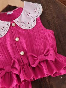 2pcs/Set Young Girl' Cute Peter Pan Collar Vest And Ruffle Hem Shorts Set, Summer - Hot Pink - View 5