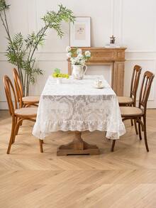 1pc Elegant French Floral Lace Trim Tablecloth, Fresh Decor For Dining Table, Holiday - White - View 3