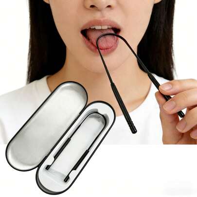 Stainless Steel Black Tongue Scraper, Freshen Breath, Oral Hygiene, Tongue Cleaner, Easy To Rinse, Reusable, With Storage Box, Portable Tongue Scraper, Personal Care Tool, Suitable For Home And Travel