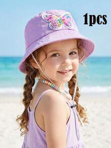 1pc Girls' Sequin Butterfly Bucket Hat, Adjustable, Fashionable Sun Protection Hat For Spring/Summer - Purple Bow - View 14