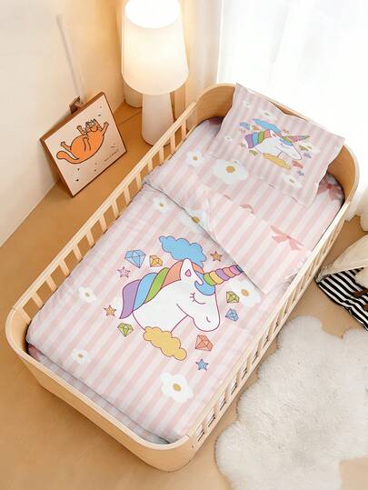 1 Set Of Unicorn Baby Bedding Set For Girls, All-Season Soft Breathable Crib Duvet Cover With Pillowcase, Reversible Pink Striped Floral Toddler Bedding, Machine Washable Nursery Bed Set For Newborn, Perfect Baby Gift