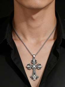 1pc Baroque Cross Necklace, European And American Hip-Hop Retro Style Inlaid Large Cross Stainless Steel Necklace, Men's Sweater Chain And Women's Daily Accessory - Cross - View 7