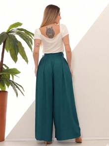 Women's Wide Leg High Waist Wide Leg Pants - Teal Blue - View 7
