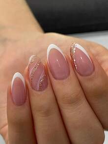 24片法式白色银色闪光波浪线美甲贴片，中号杏仁裸色假指甲，美甲套装包含1个粘合贴片和1个迷你指甲锉，适合日常佩戴，美甲用品。 - 彩色 - 查看 7