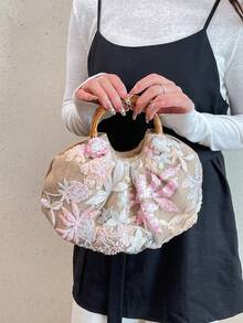 Women's Exquisite Floral Embroidery Sequin Cloud Bag, Vintage Chinese Style, Luxury Handbag, Elegant Evening Bag - Beige - View 5