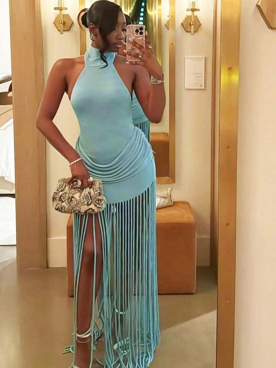 Sexy Halter Neck Backless Draped Bodycon Dress With Long Fringe Hem - Solid Sleeveless Party Maxi Dress Vestidos Elegantes De Mujer Gordita Vestidos De Mujer Casual - 淺藍色 - 查看 1
