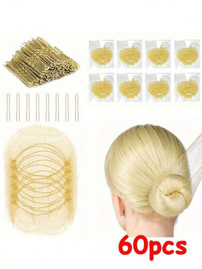 60pcs Invisible Hair Nets, Gold Elastic Edge Mesh Design, Suitable For Buns, Updo Tools; 40pcs Gold U-Shaped Hair Clips, Suitable For Women, Girls, Ballet Buns And Dance Use