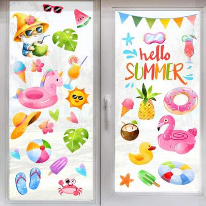 4pcs/Set Hello Summer Themed Window Stickers, Tropical Gnome, Flamingo, Swimming Ring, Sun, Ice Cream, Popsicle Decals, Hawaiian Juice, Flip Flops, Hat, Ball Home Kitchen Decor