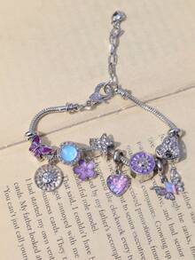 1pc Purple Sakura Sunflower Charm Bracelet, 1pc Heart HOPE Slogan Bow Bracelet, 1pc Starfish Butterfly Animal Bracelet, 1pc Heart Cross Bracelet - Gold - View 5