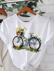 Plus-Size Women's Clothing, Short-Sleeved T-Shirt With Chrysanthemum Bicycle Print, Spring Outfit, Cotton T-Shirt. - White - View 5