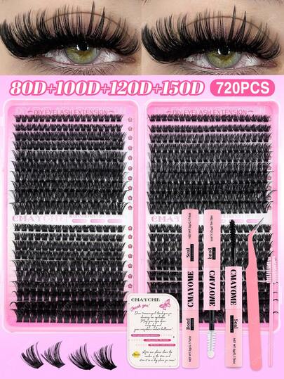 800/740/720 Cluster D-Curl Voluminous Lash Extension Kit, Includes 10D, 20D, 30D, 40D, 50D, 60D, 80D, 100D, 120D, 150D Density Lash Clusters Suitable For 8-16mm Eye Shapes, Natural Lash Look, Waterproof, Reusable Individual Segment False Lashes With Adhesive, Sealant And Tweezers For Daily, Wedding, Date, Party And Travel Use