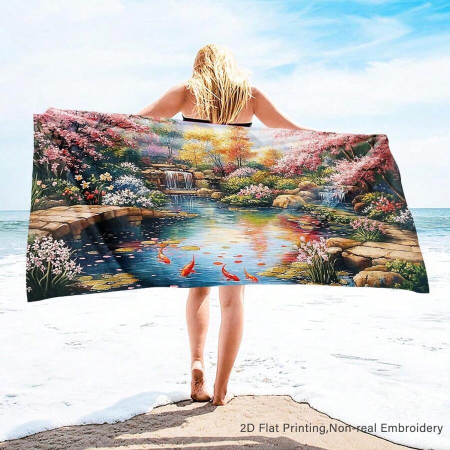 1pc Cherry Blossoms Koi Pond Waterfall Scene Beach Towel Microfiber Bath Towels Gifts, Microfiber Bath Travel Towels For Women Yoga Sports 30*60in(75*150cm) - A - View 1