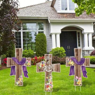 3pcs Acrylic Cross Yard Signs For Easter, "He Is Risen" Religious Outdoor Decor, Plastic Stakes Included, No Power Needed, No Feathers, With Classic Lawn Stakes Suitable For Garden, Home, Party