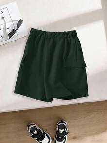 Set de 2 piezas de camiseta de manga corta con cuello redondo suave y pantalones cortos con patrón numérico lindo y casual para niños, para verano - Albaricoque - Ver 7