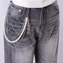 1pc Multi-Layer Pearl Waist Chain, Women's Metal Butterfly Chain Belt, Hip Hop Punk Body Chain Accessory - Silver - View 2