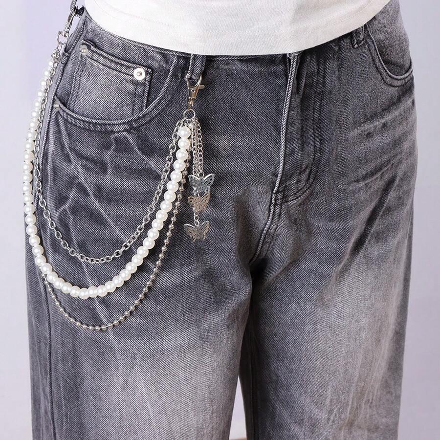 1pc Multi-Layer Pearl Waist Chain, Women's Metal Butterfly Chain Belt, Hip Hop Punk Body Chain Accessory