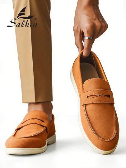 Salkin 时尚设计师男士莫卡辛鞋，素面绒面革一脚蹬乐福鞋，男士真皮鞋，绅士商务社交鞋，男士日常办公派对婚礼鞋，情侣约会，浪漫晚餐，节日礼物，返校学生休闲鞋，学院风，请选择大一码。