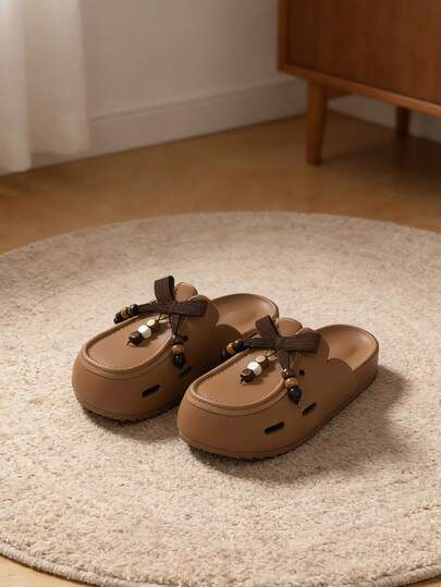 1 Pair Fashionable Versatile Bow Decor EVA Non-Slip Slip-On Flat Casual Sandals, Suitable For Spring/Summer, Teens