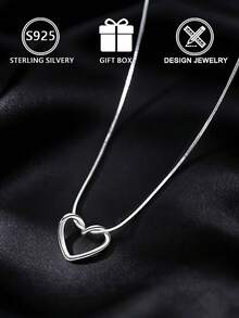 1 chiếc dây chuyền mặt dây chuyền hình trái tim rỗng bằng bạc Sterling 925 (thiết kế trái tim tối giản), kèm hộp quà, thích hợp để đeo hàng ngày và làm quà tặng ngày Valentine. - Bạc - Xem 6