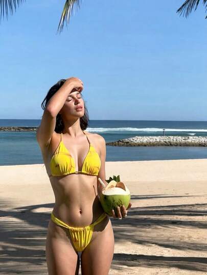 Women's Elegant Summer Beach Vacation Yellow Tie-Dye Print Casual Bikini Set Set, Suitable For Parties, Gatherings, Spring, Seaside, Entertainment, Vacation, Romantic, Fashionable Design, Unique, Casual, Bohemian Style, Travel, Daily Activities