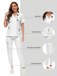 Scrubs Women Nursing Beauty SPA Scrubs Pet Clinic Store Veterinary Dentistry Work Clothes Set High-Quality Nurse Scrub Spring Black - trắng - Xem 2