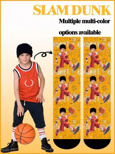 1 đôi tất in hình bóng rổ theo yêu cầu dành cho bé trai và bé gái từ 1-16 tuổi