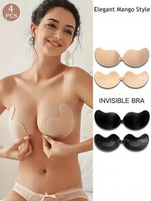 4pcs Mango Shaped Silicone Adhesive Bra: Stick-On Push-Up Bra, Strapless Bra, Reusable, Front Closure, Comfortable Fit, Suitable For A-D Cup, Perfect For Summer Dresses, Backless Gowns, Women's Summer Outfits, Essential For Vacation - Multicolor - View 1